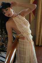 Lace Trim Halter Open Back Ruched Skirt Sets