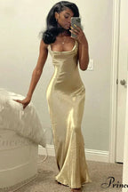 Classy Cowl Neck Tie String Classic Silky Slip Maxi Dress