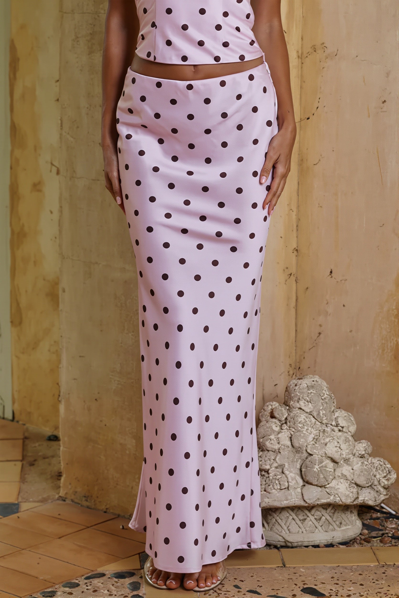 Pink Dot Halter Backless Low Rise Flared Maxi Skirt Sets