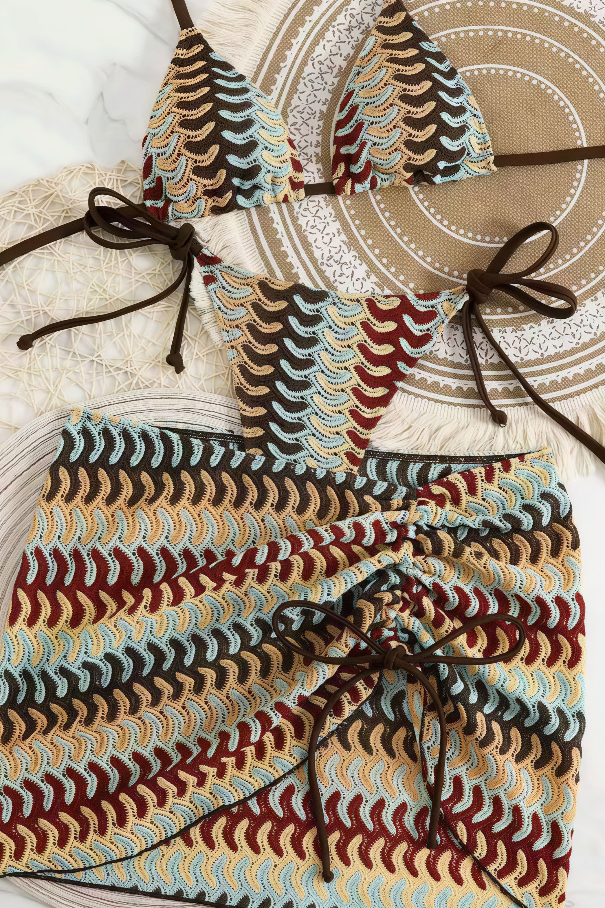 Striped Tie Three Piece Swim Set