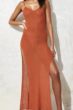 Sheer Knit Open Back Slit Vacation Maxi Dress