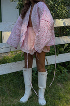 Pink Sweet Floral Tie V-Neck Flared Sleeve Coat