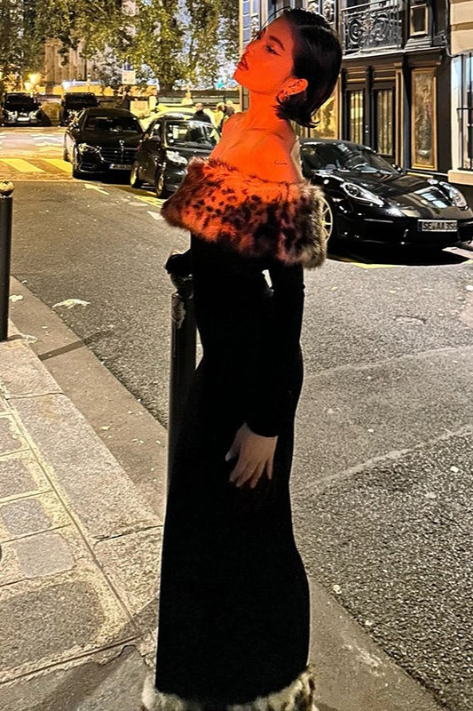 Off-Shoulder Leopard Print Fur Trim Bodycon Maxi Dress