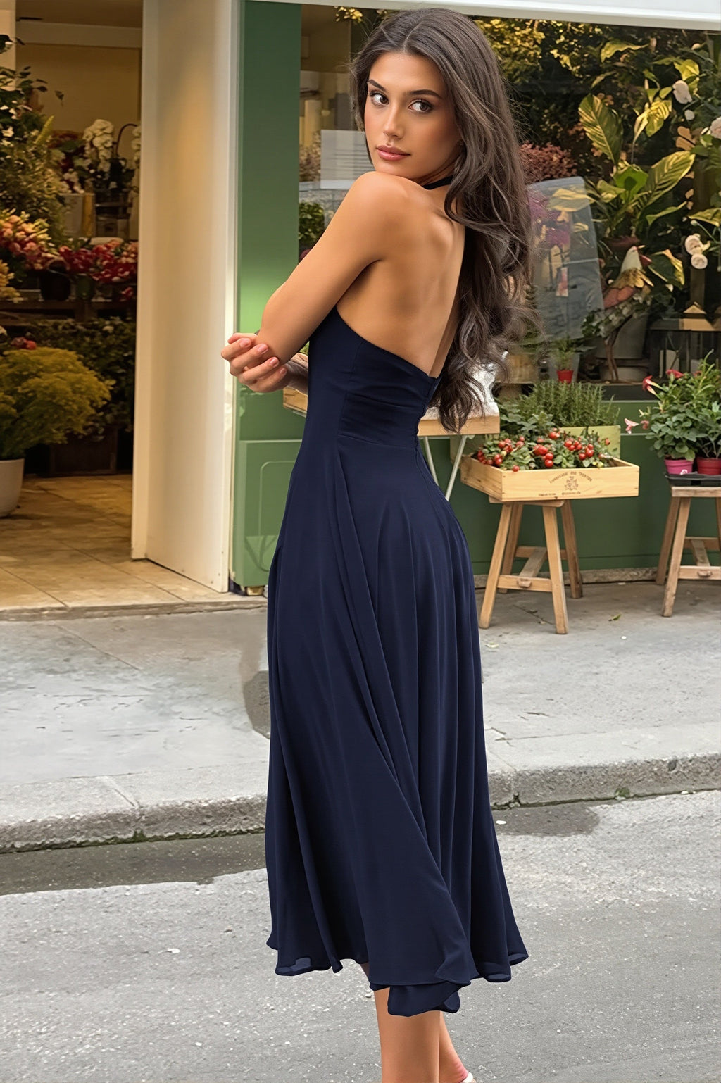 Solid Halter Contrast Backless Slim Maxi Dress