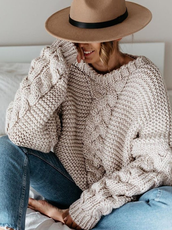 Casual Solid Color V-Neck Cable Knit Sweater