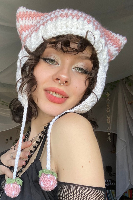 Fox Ears Color Block Striped Pom Knitted Hat