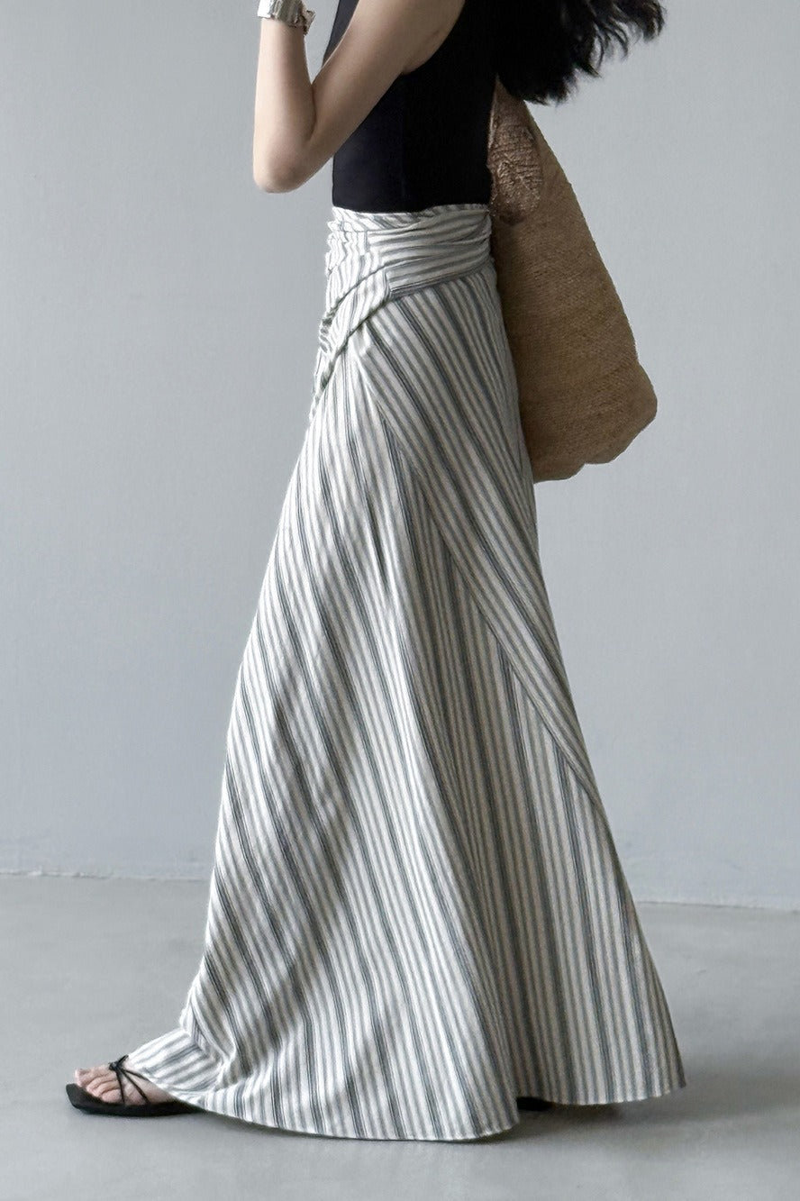 High Waist Striped Tie A Line Maxi Skirt
