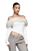 Fuzzy Long Sleeve Off Shoulder Asymmetric Tee