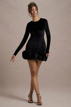 Luxe Velvet Crew Neck Pleated Long Sleeve Mini Dress