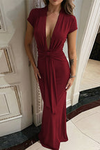 Solid Deep V Short Sleeve Tie Waist Slim Maxi Dress
