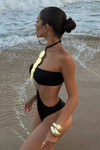 Black Lace Up Bikini Backless One Piece Swimwear