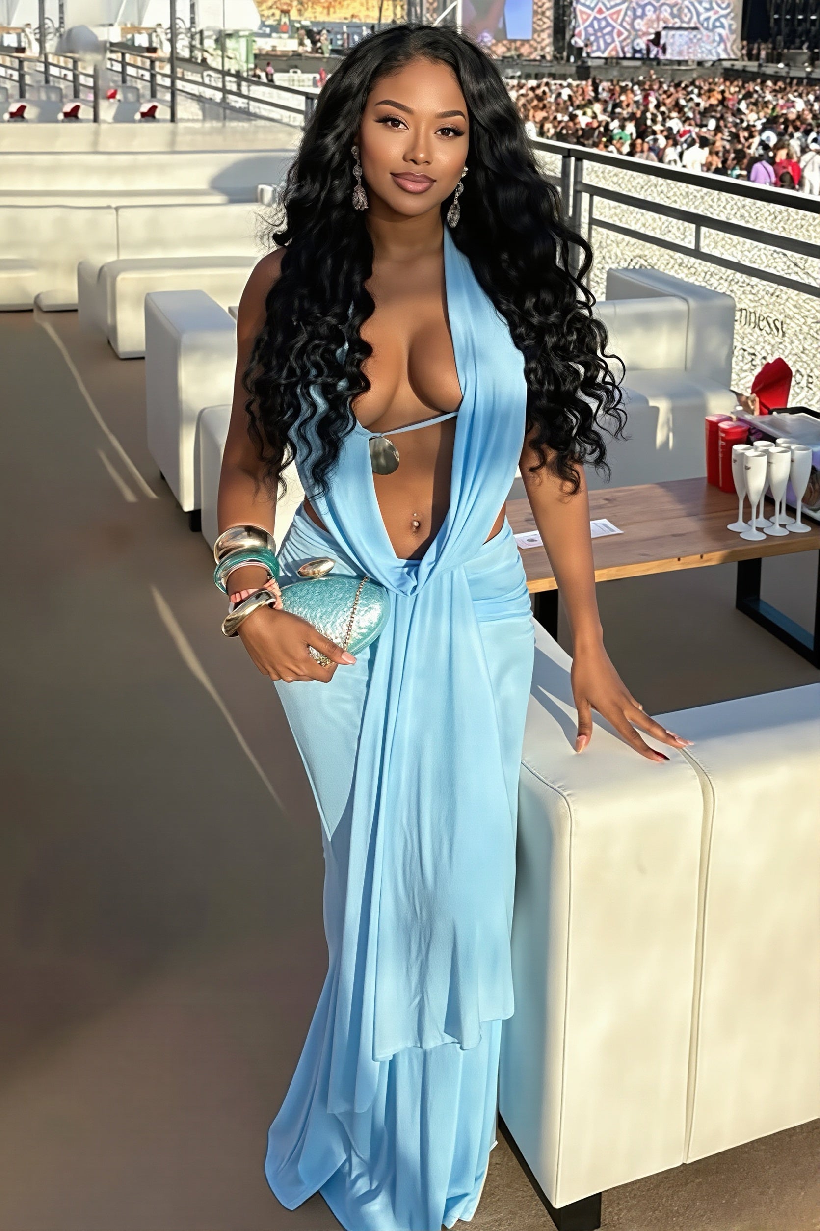 Cowl Neck Ruched Halter Backless Crop Top Skirt Sets