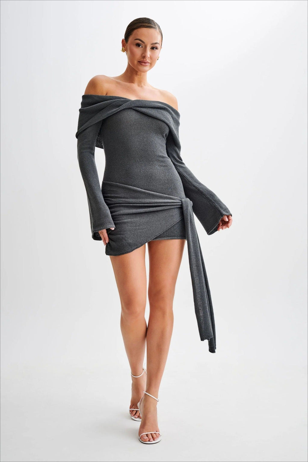 Off Shoulder Tie Knit Sweater Dress