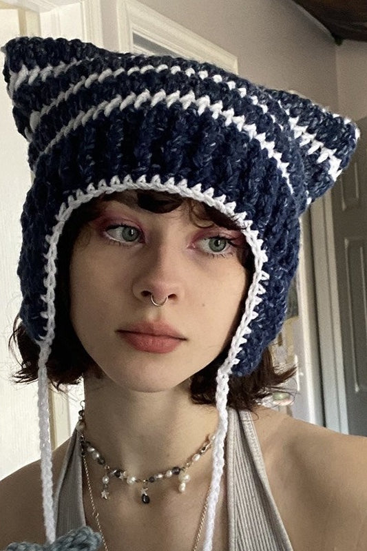 Fox Ears Color Block Striped Pom Knitted Hat