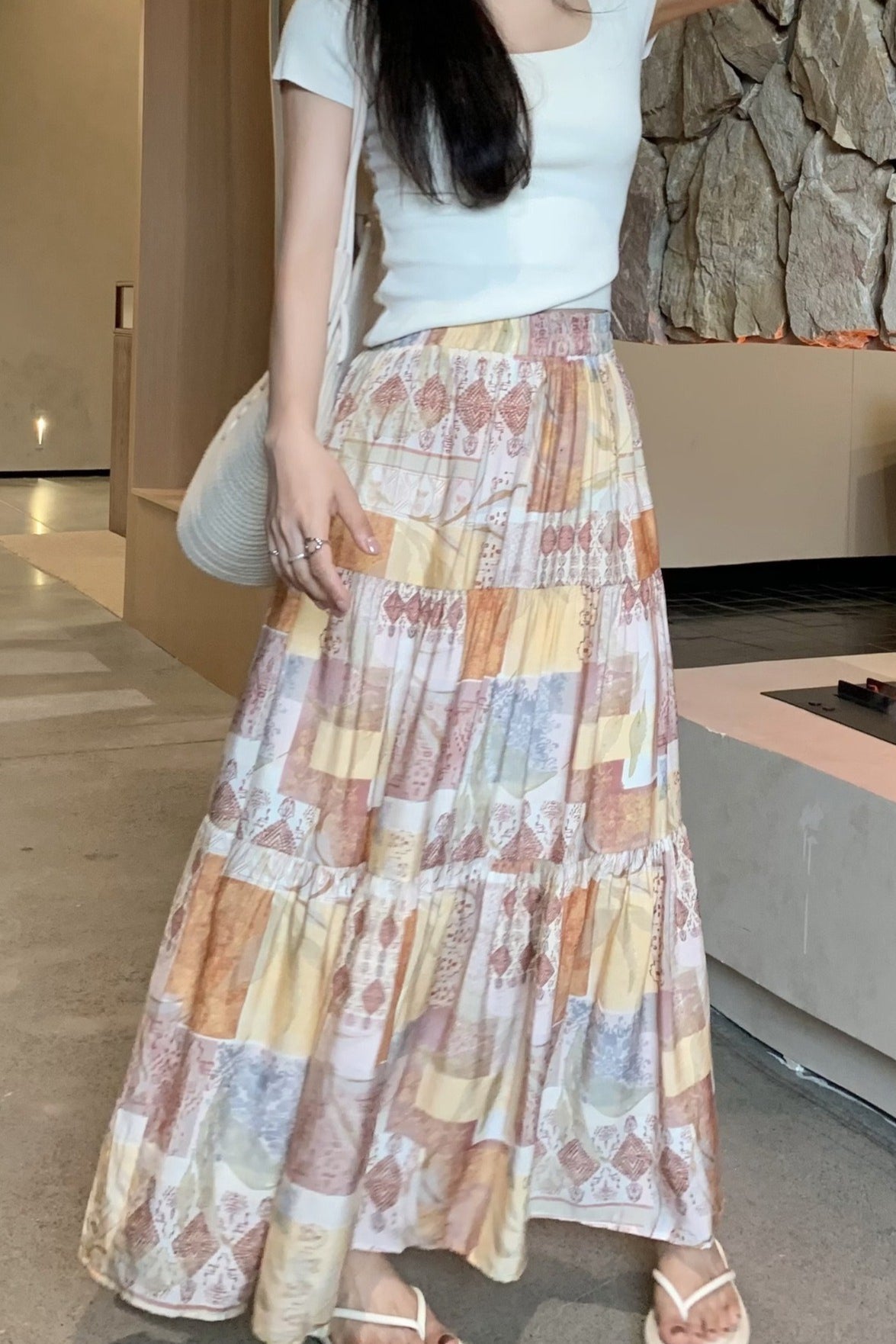Orange Tiered A Line Flowy Skirt