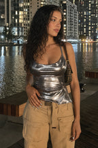 Shiny Irregular Tie Halter Top