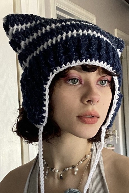 Fox Ears Color Block Striped Pom Knitted Hat