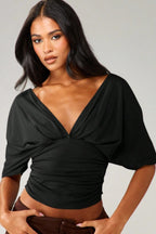 Deep V Neck Knot Front Ruched Crop T-Shirt
