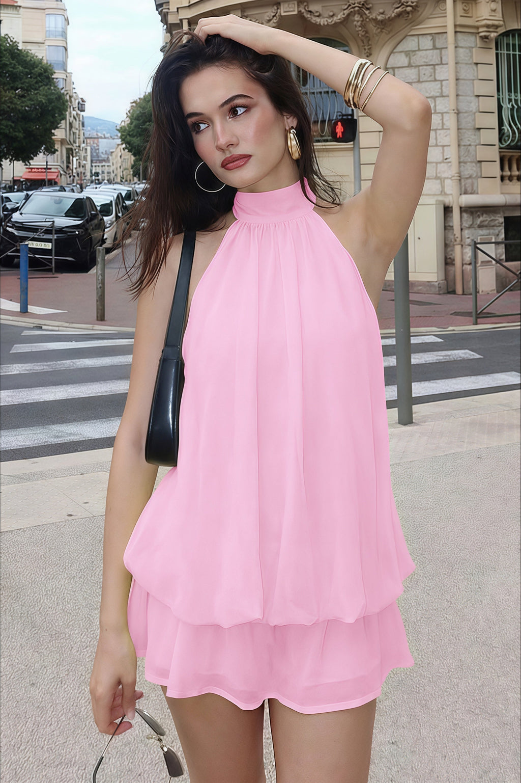 Halter Neck Backless Solid Color Waist Cinching Puffy Mini Dress