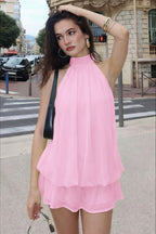 Halter Neck Backless Solid Color Waist Cinching Puffy Mini Dress
