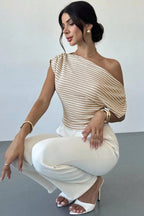 Cold Shoulder Stripe Short Sleeve Knit Blouse