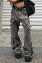 Streetwear Multi-Pocket Cargo Washed Jeans