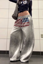 Retro Gray Graphic Drawcord Baggy Sweat Pants