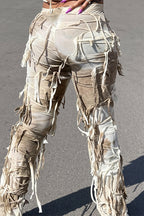 Ripped Fringe Tie Flared Pants