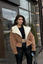 Odd Zip Leather Fur Pieced Coat