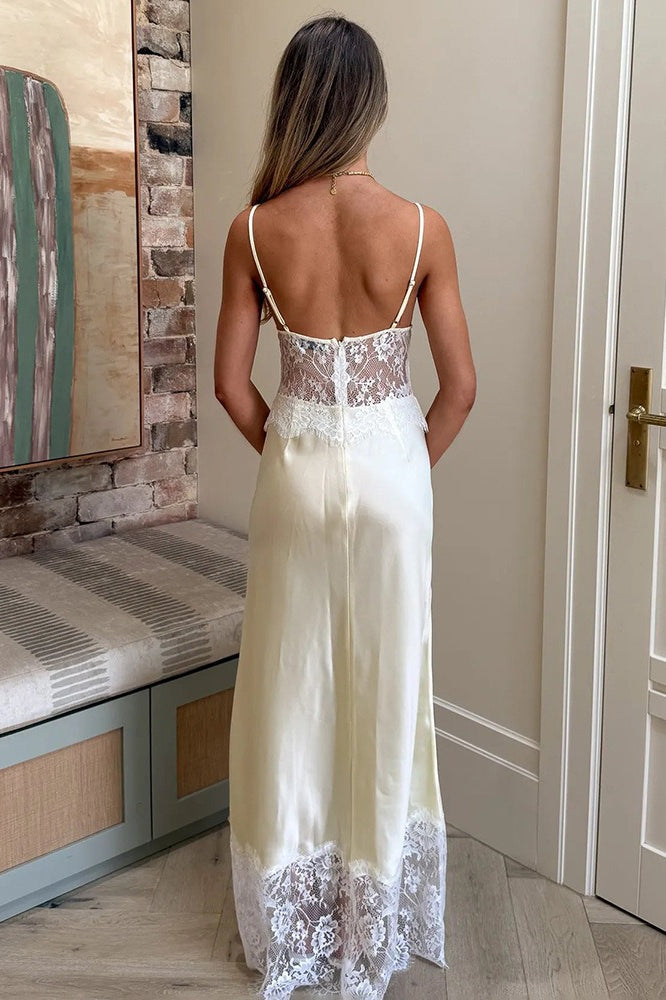 Elegant Deep V Sheer Lace Patchwork Maxi Dress
