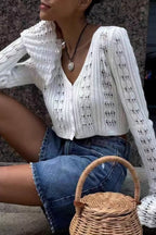 Cutout V-Neck Solid Short Long-Sleeve Knit Cardigan