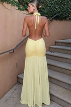 Solid Mesh Patchwork Deep V Halter Maxi Dress