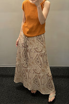 Vintage Print Beaded Belt A Line Maxi Skirt