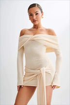 Off Shoulder Tie Knit Sweater Dress