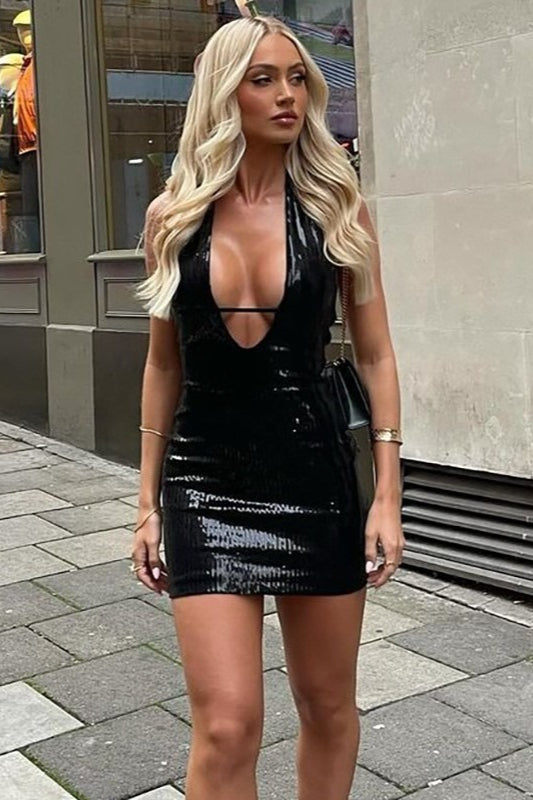 Deep V Cut-Out Halter Bodycon Cocktail Dress
