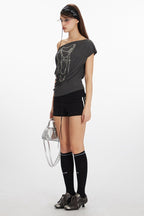 Asym Neck Beaded Cropped T‑Shirt