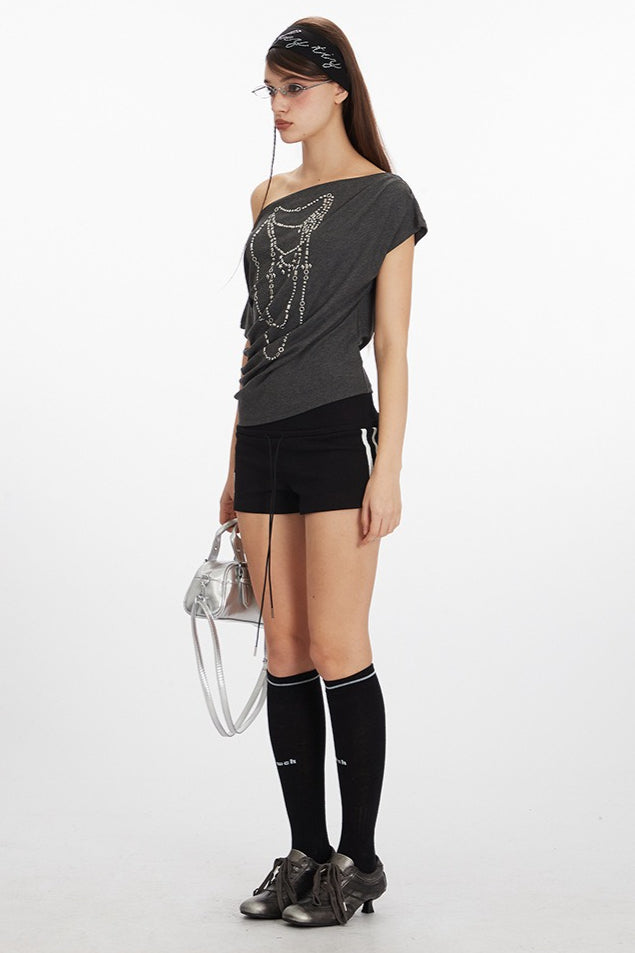 Asym Neck Beaded Cropped T‑Shirt