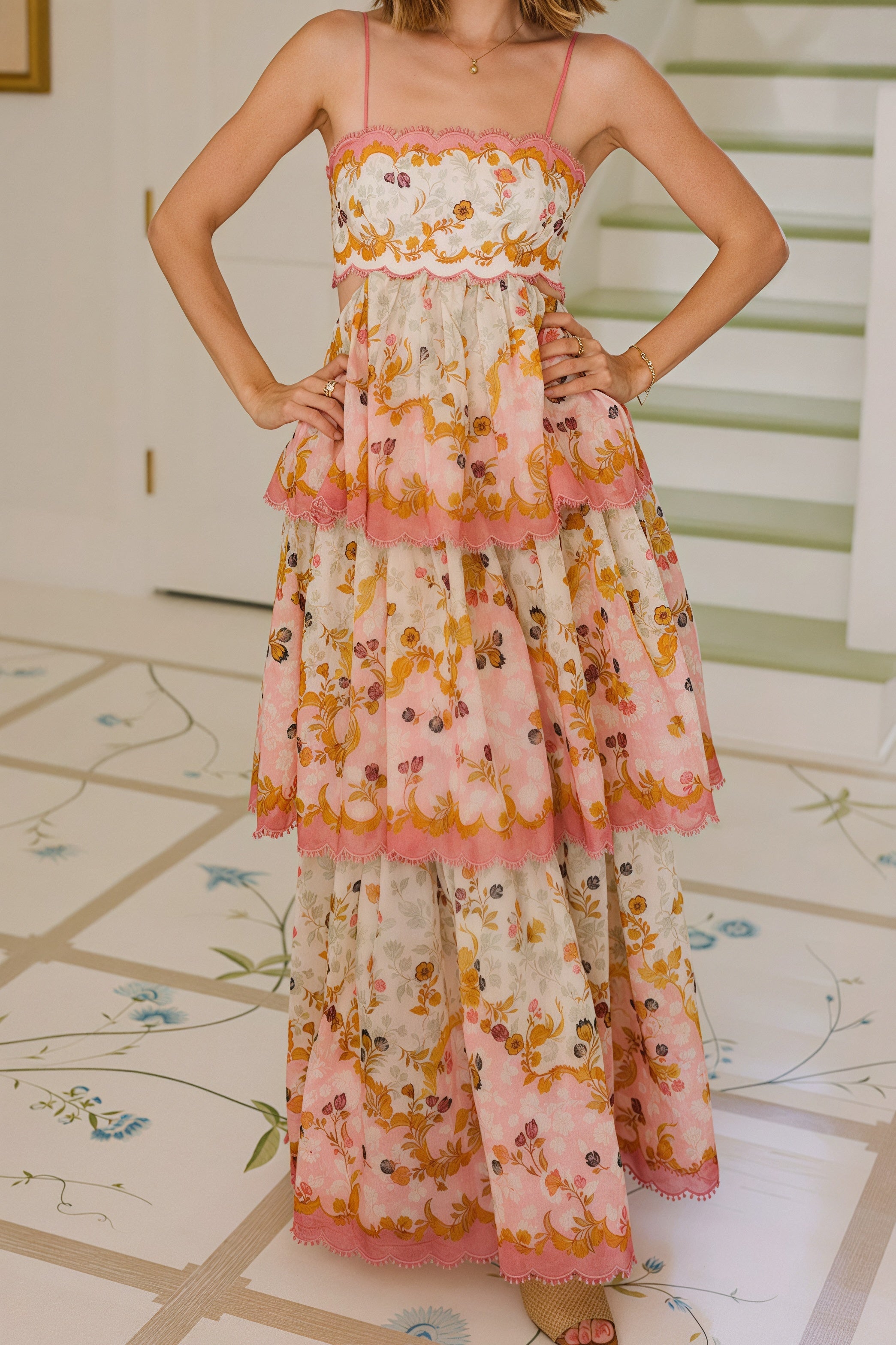 Tiered Spaghetti Strap Tassel Cutout Waist Embroidered Maxi Dress