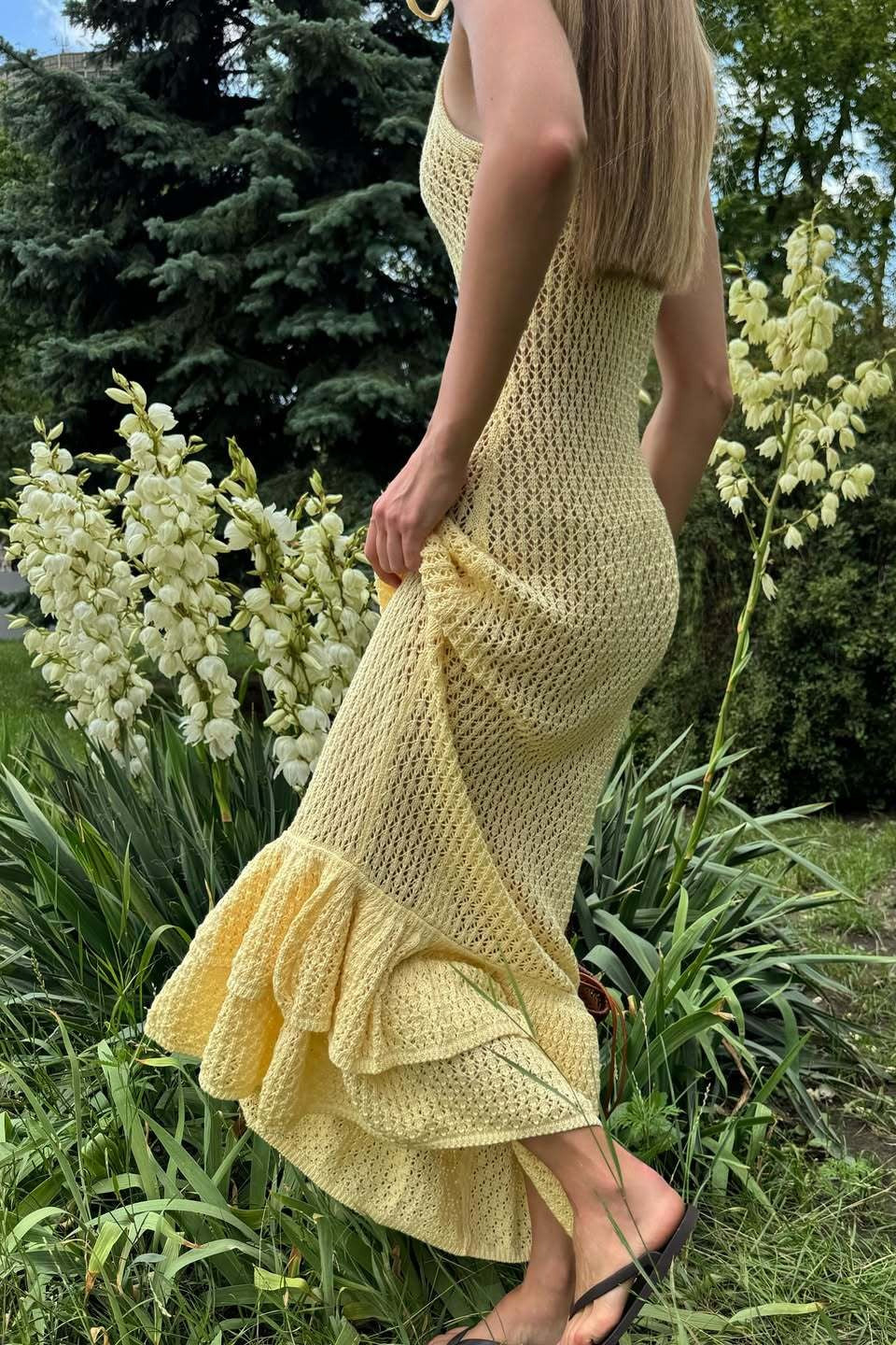Boho Ruffle Knit Cutout Sheer Cami Maxi Dress