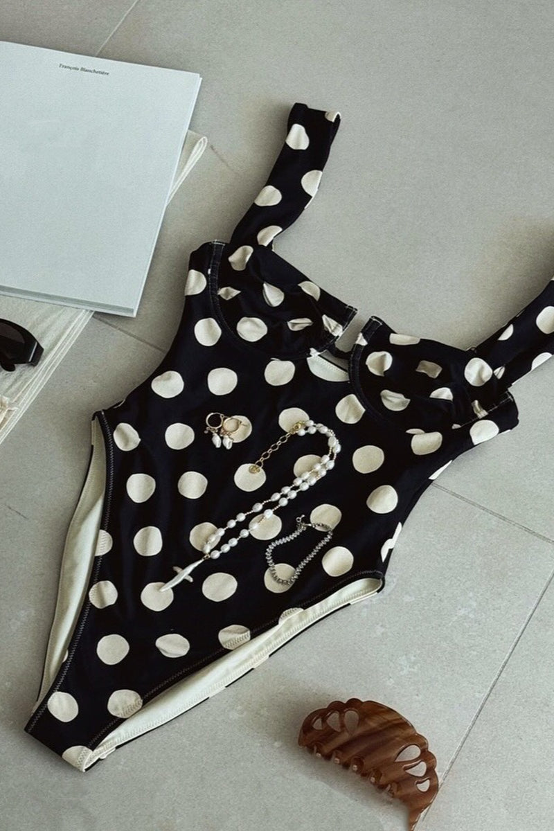 Dot Print Halter Lace Up One Piece Swimwear