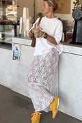 Elegant White Lace High Waist A-Line Midi Skirt
