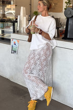 Elegant White Lace High Waist A-Line Midi Skirt