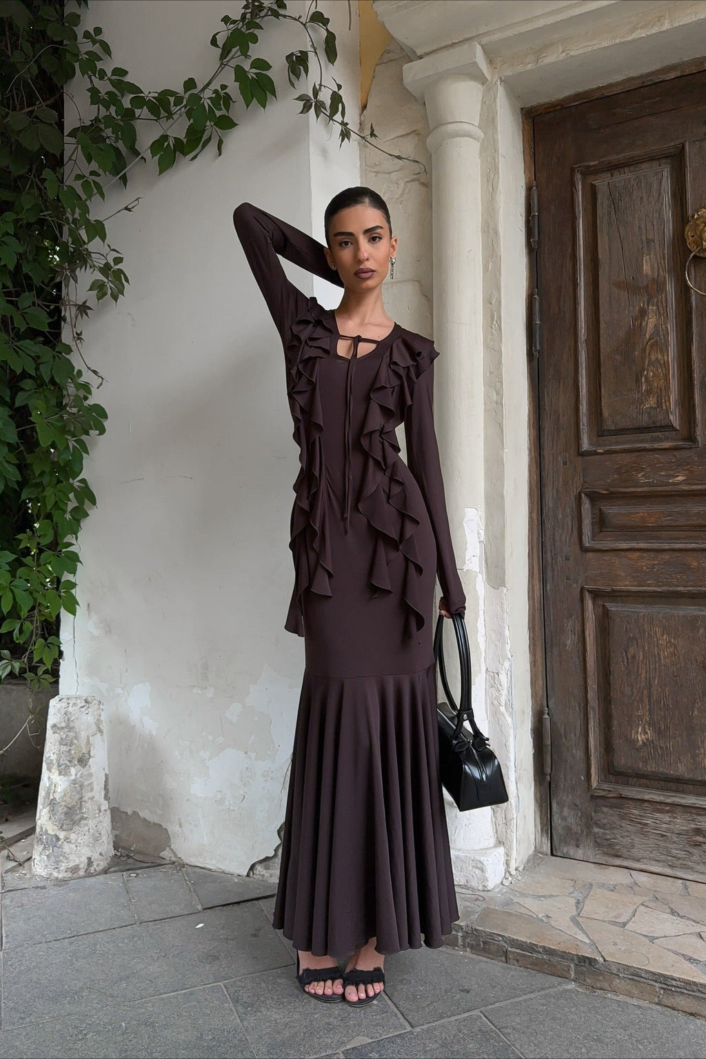 Layered Ruffled V-Neck Maxi Boho Dress