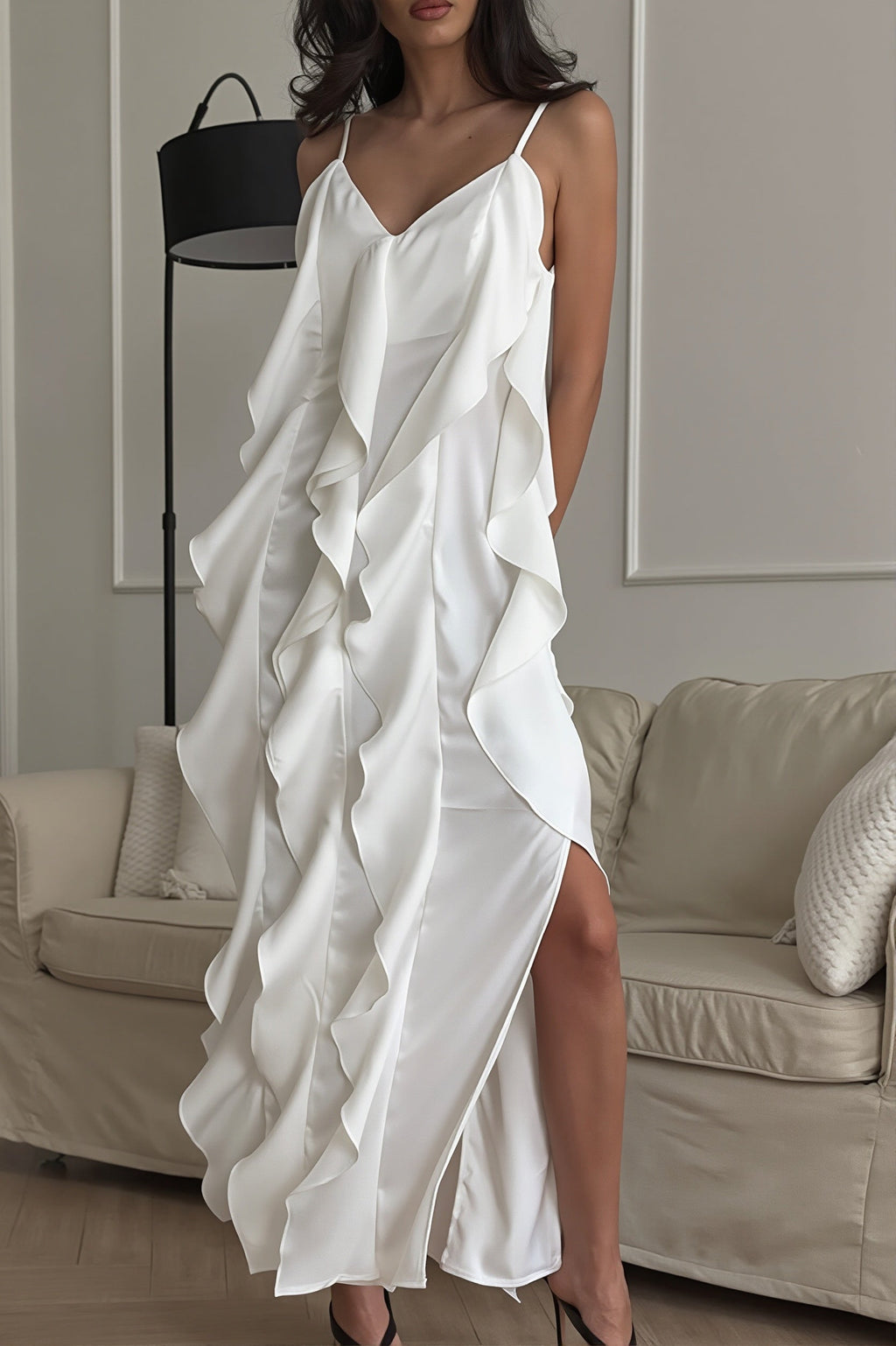 Ruffle Trim V Neck Cami Slip Maxi Dress