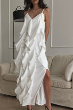 Ruffle Trim V Neck Cami Slip Maxi Dress