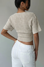 V Neck Striped Bat Sleeve T-Shirt
