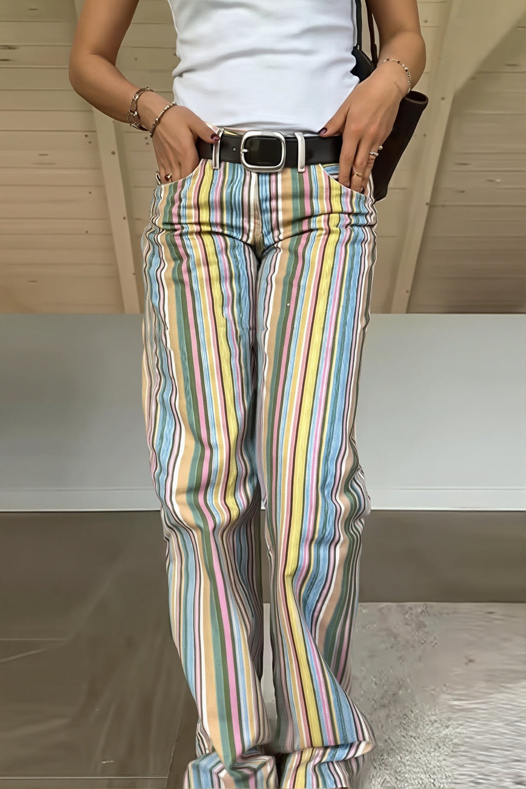 Rainbow Stripe Low Waist Straight Jeans