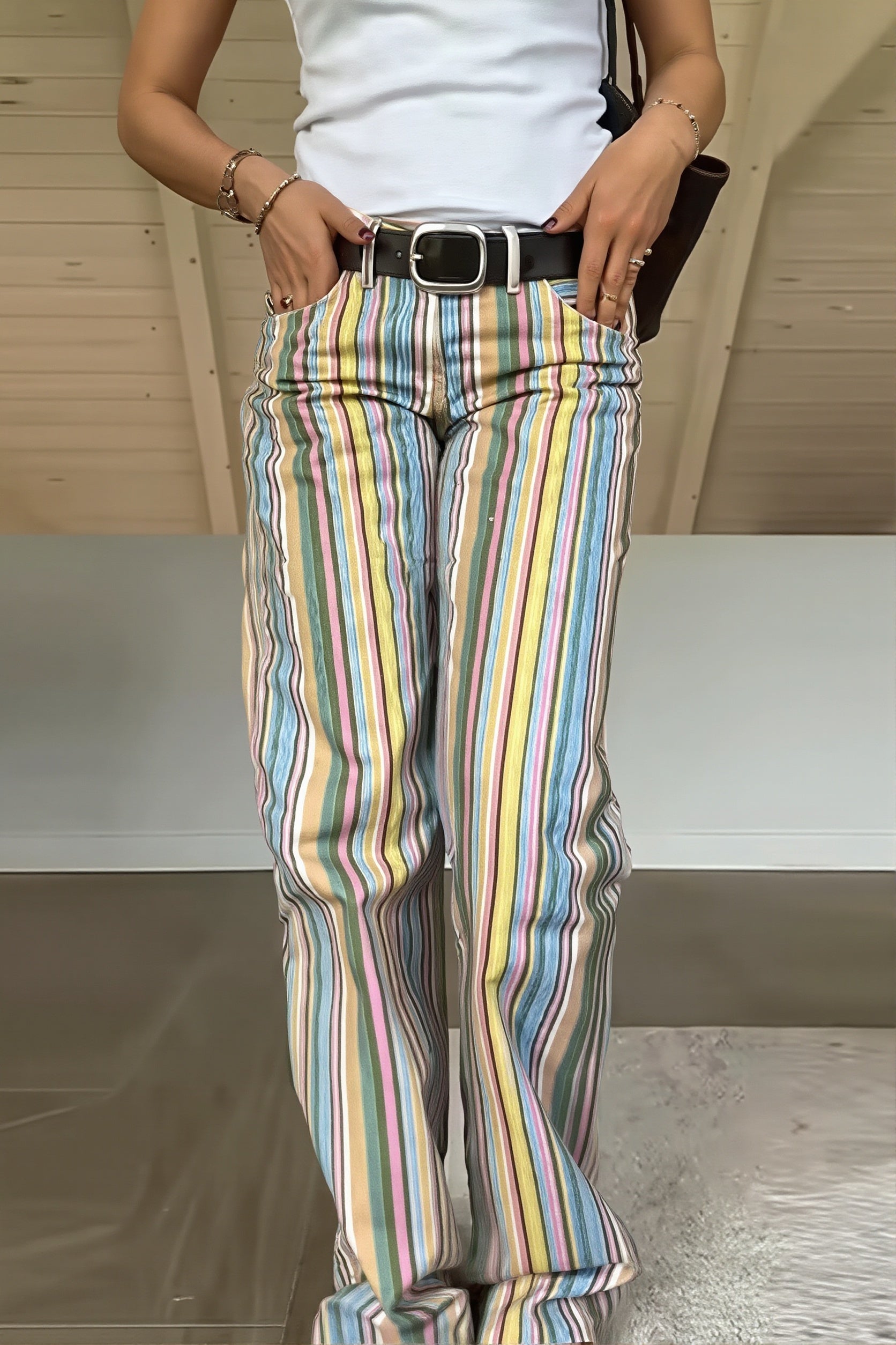 Rainbow Stripe Low Waist Straight Jeans