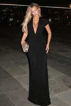 Solid Deep V Short Sleeve Tie Waist Slim Maxi Dress