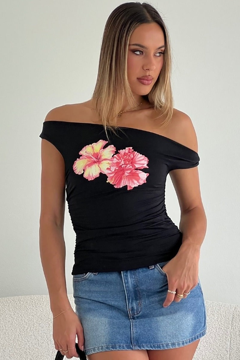 Off Shoulder Floral Print Crop T-Shirt